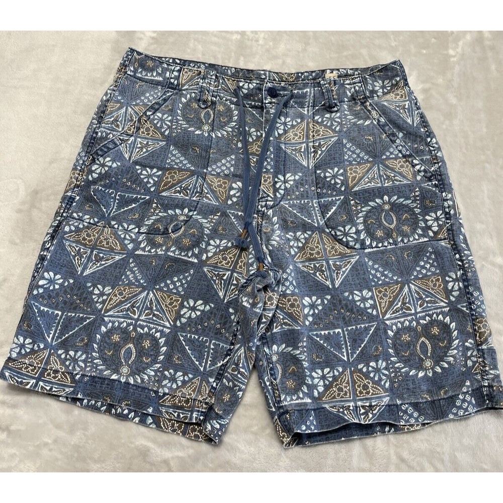 Lucky Brand Short Men 36 Blue Geometric 100%Linen Flap Pocket Drawstring Casual